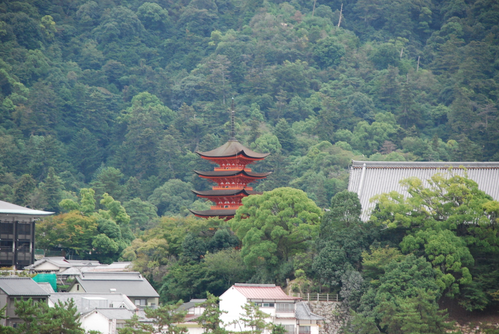 A view of Miyajima island and the five-story pagoda from the ferry