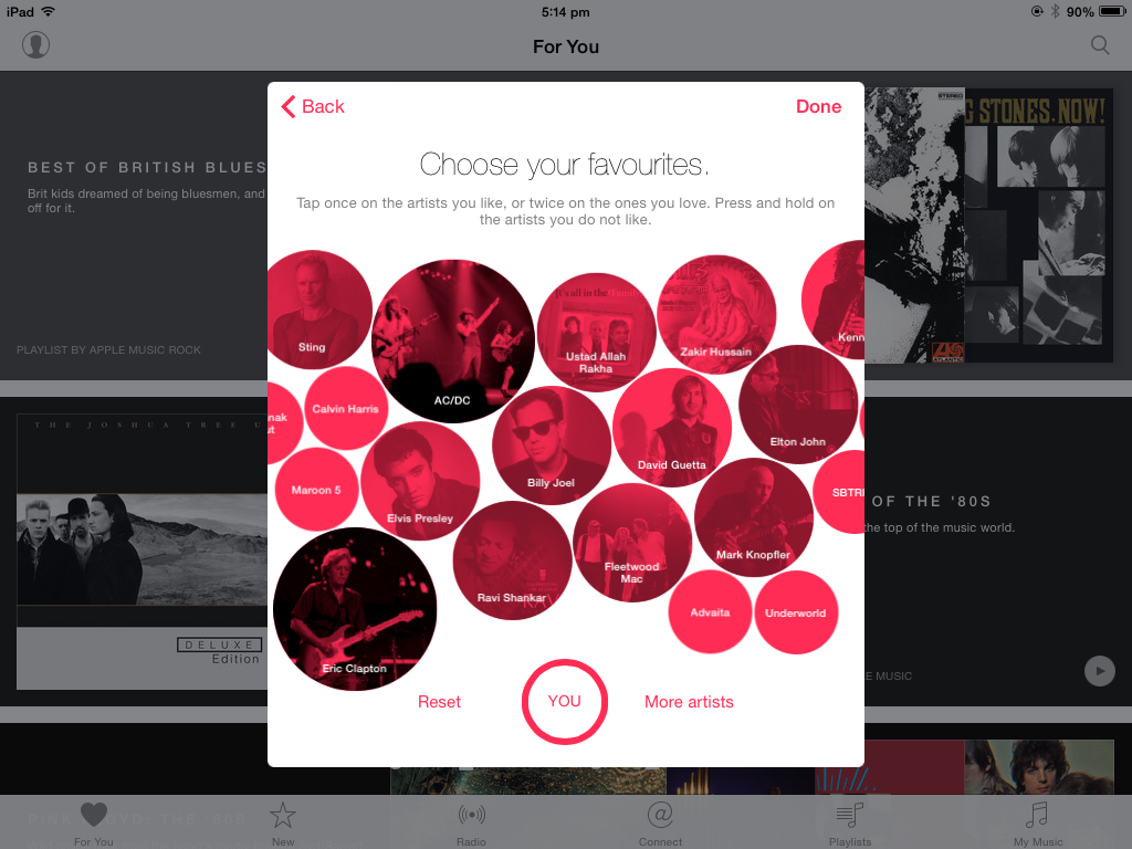 The artist selection on the iPad Music app