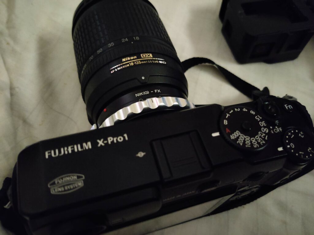 Fujifilm X-Pro1 with a Nikon 18-135 zoom lens mounted via a K&F Concept adapter